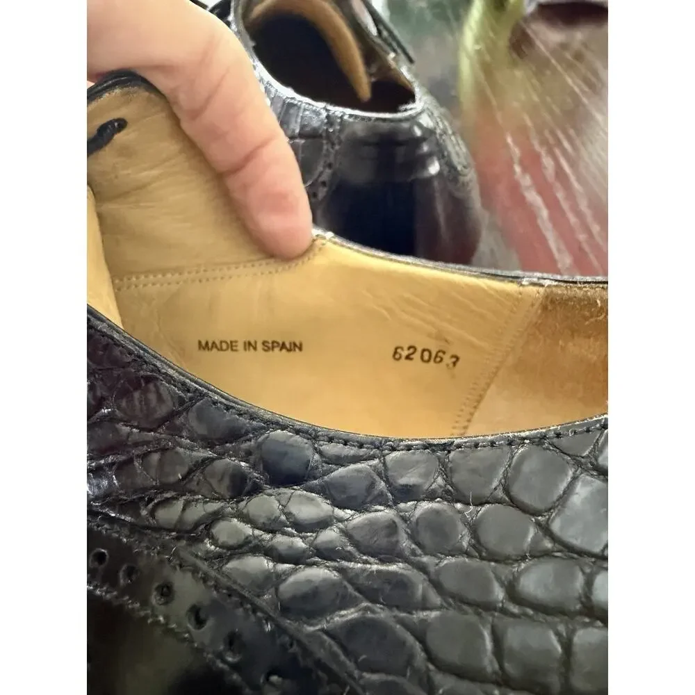 Mezlan Genuine Crocodile Leather Black Wingtip Square Toe Dress Shoes
